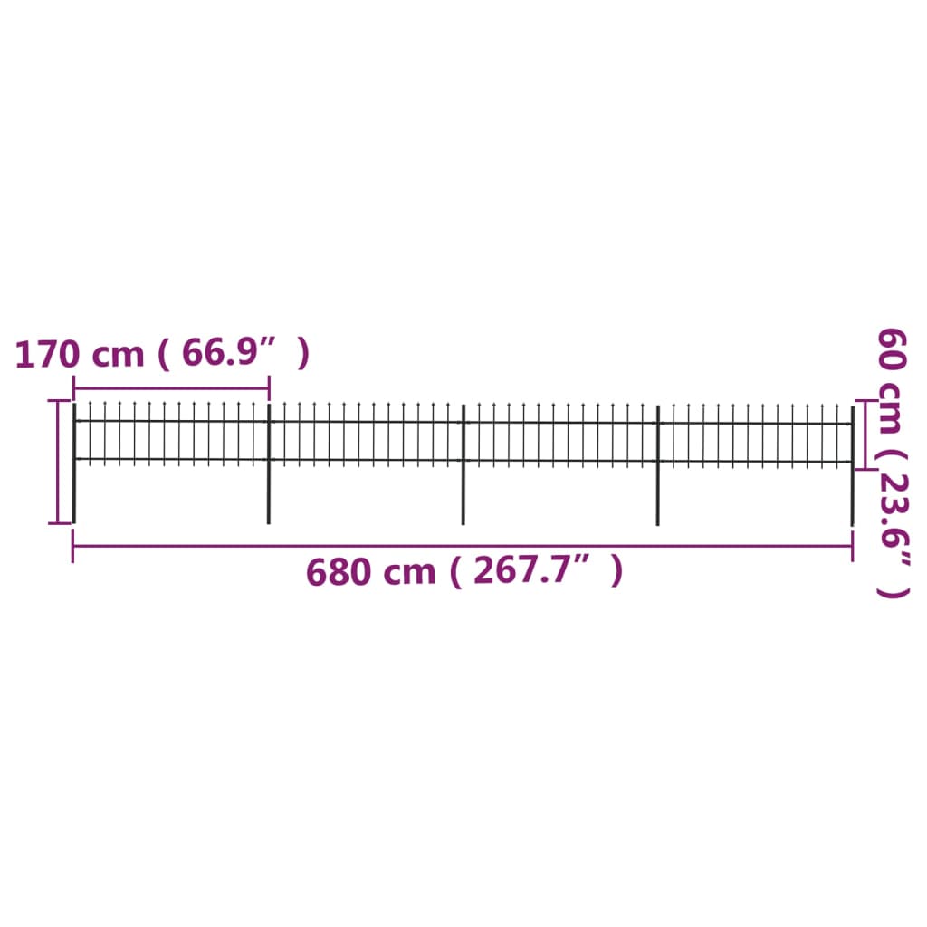 Tuinhek met speren bovenkant 5,1x0,6 m staal zwart