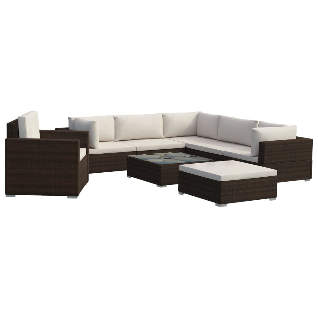 8-delige Loungeset met kussens poly rattan bruin