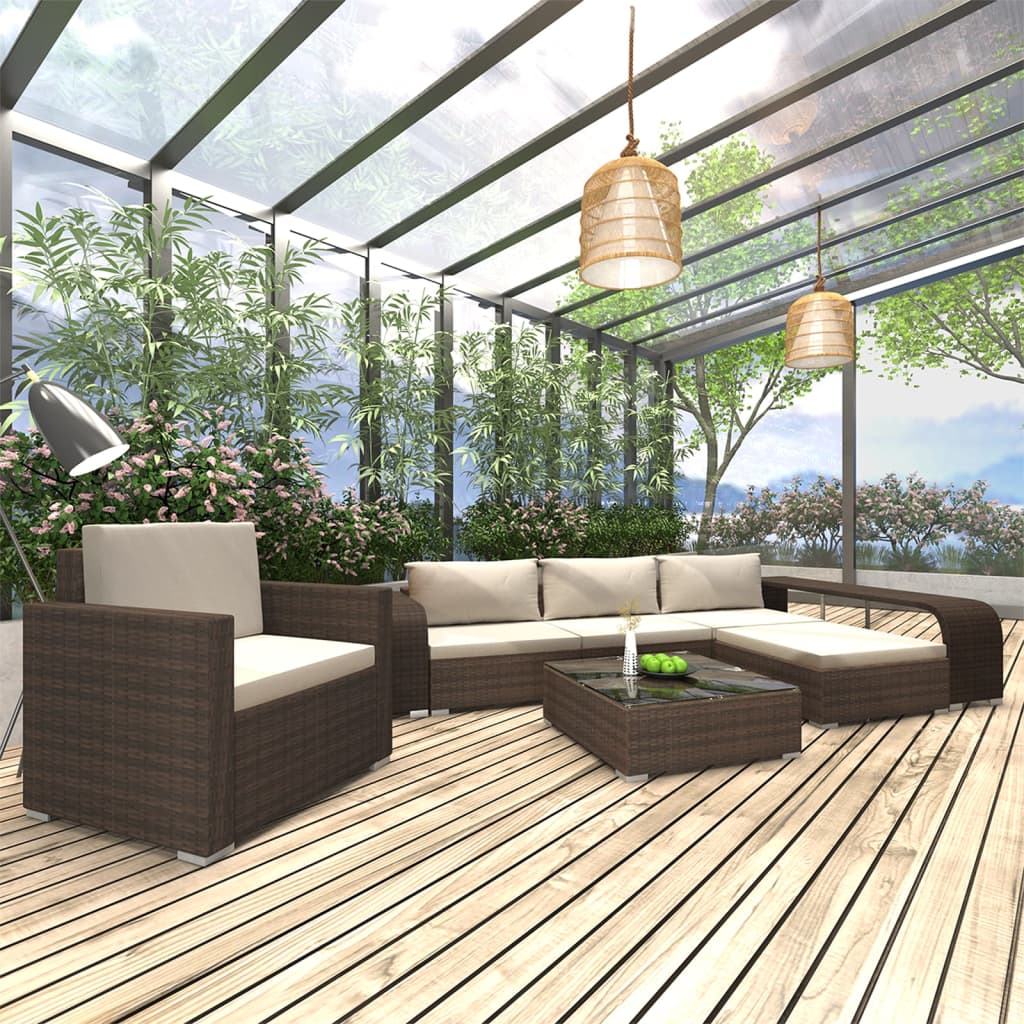 8-delige Loungeset met kussens poly rattan grijs