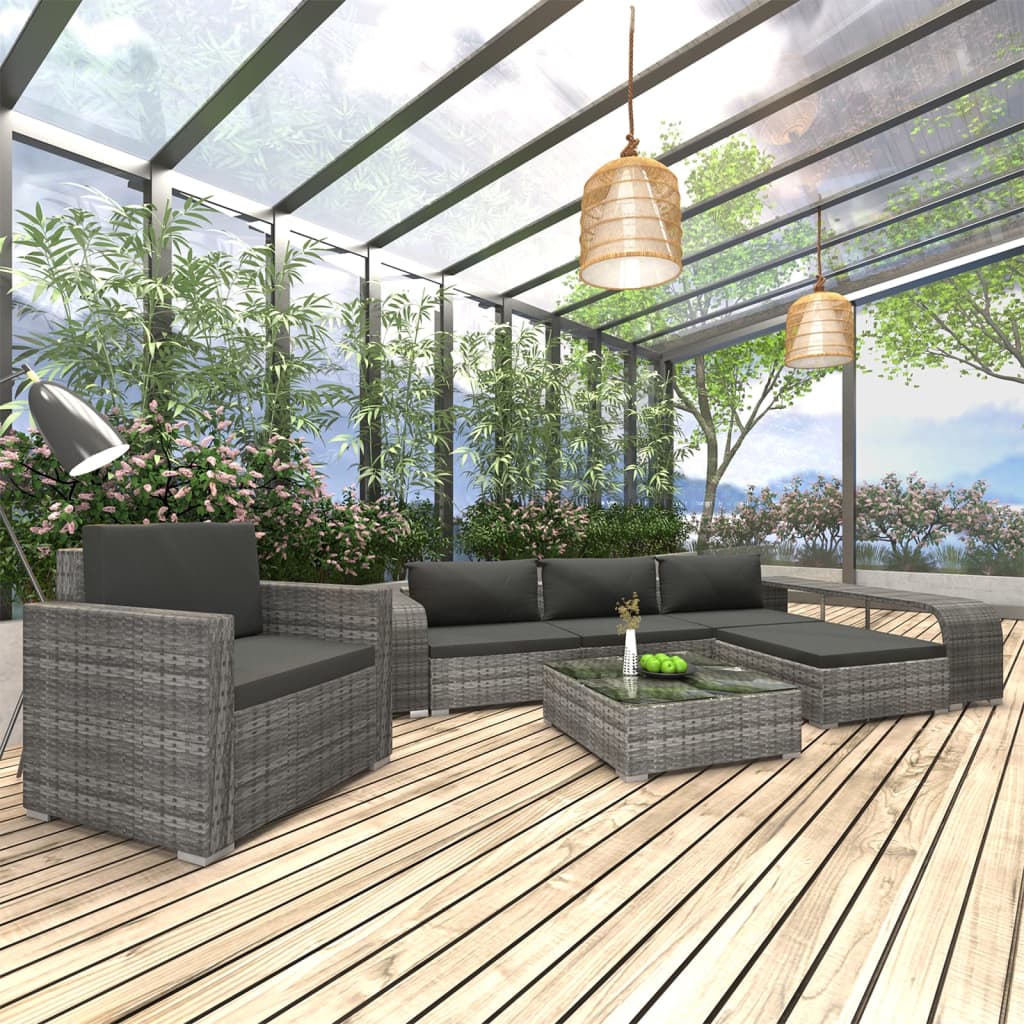 8-delige Loungeset met kussens poly rattan grijs