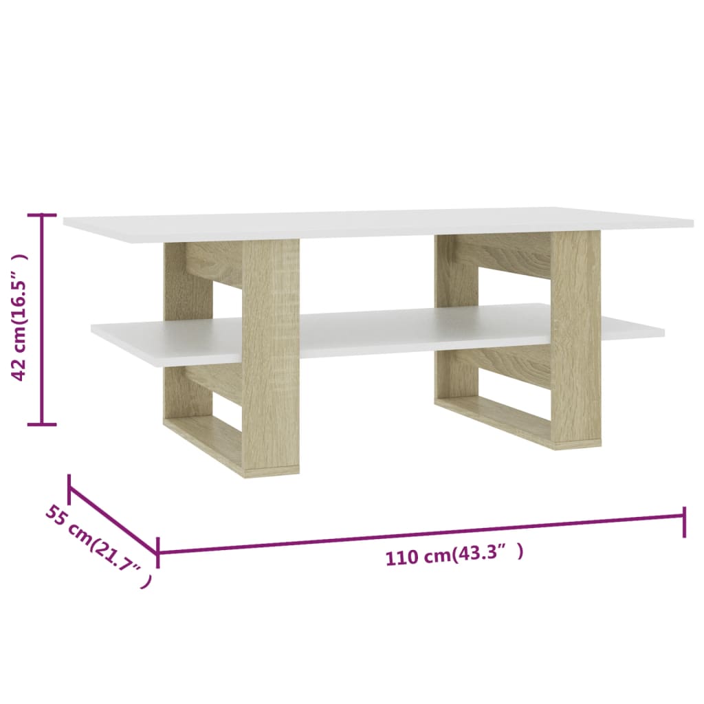 Table basse 110x55x42 cm finition bois blanc brillant