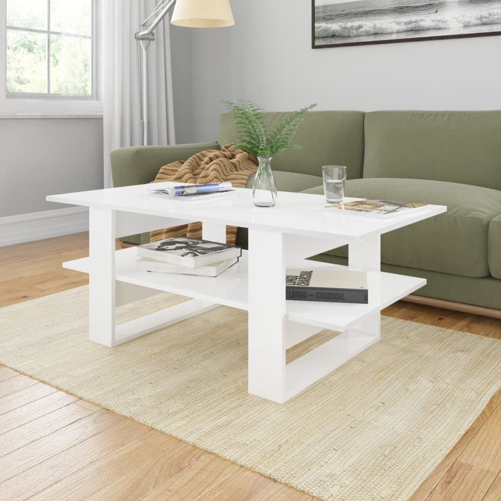 Table basse 110x55x42 cm finition bois blanc brillant