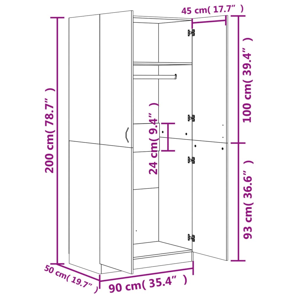 Armoire 90x52x200 cm en dérivé du bois couleur chêne