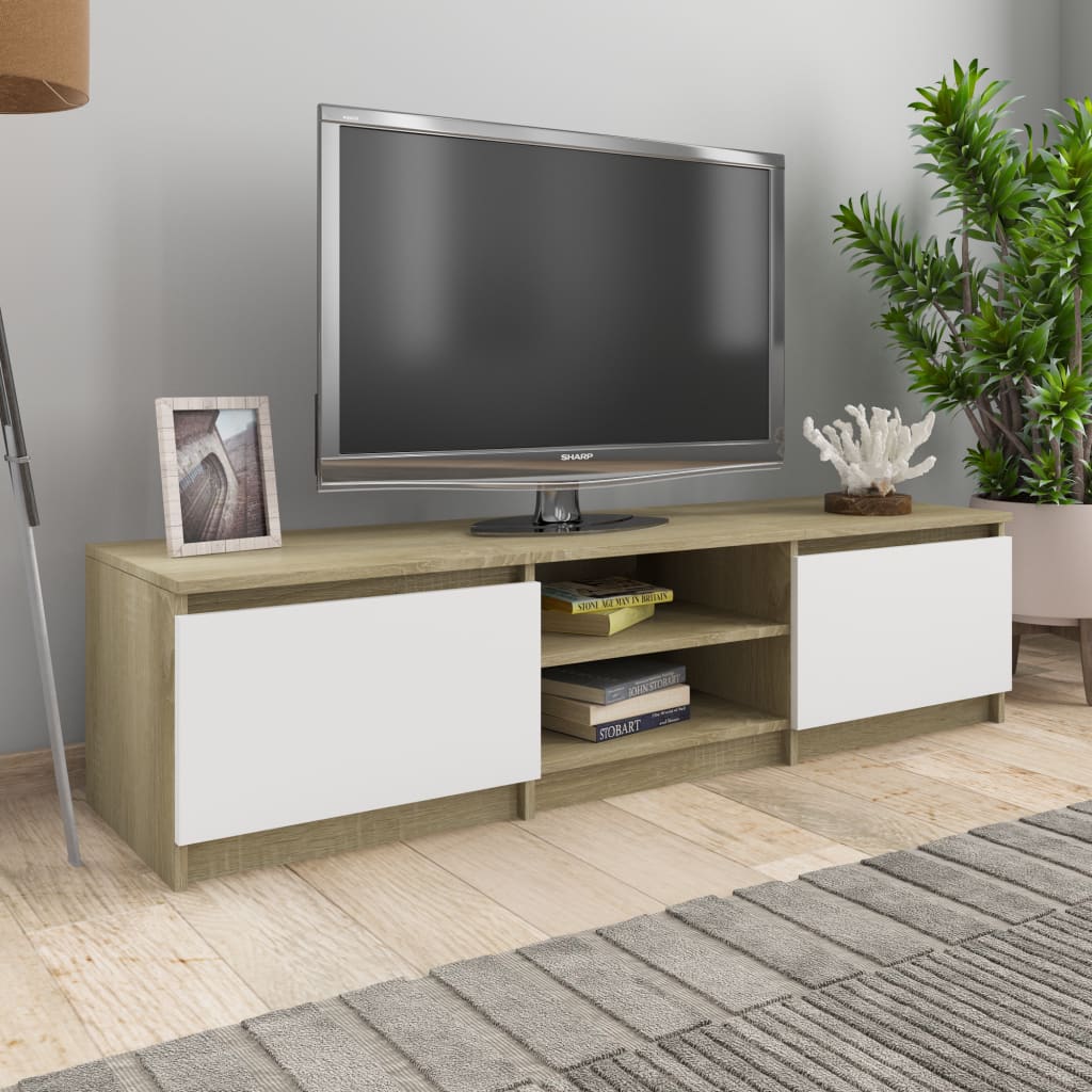 Meuble TV 140x40x35,5 cm ouvré en bois couleur chêne