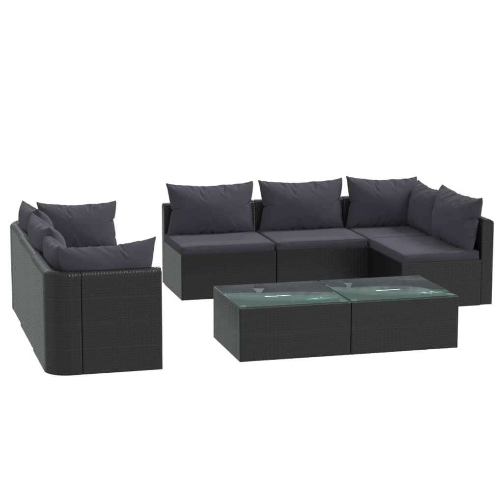 9-delige Loungeset met kussens poly rattan zwart