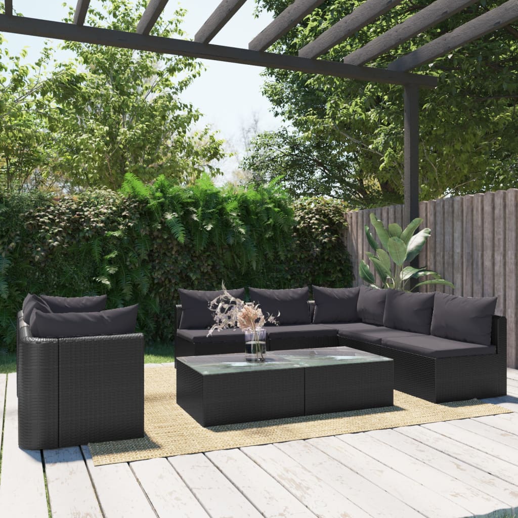 9-delige Loungeset met kussens poly rattan zwart