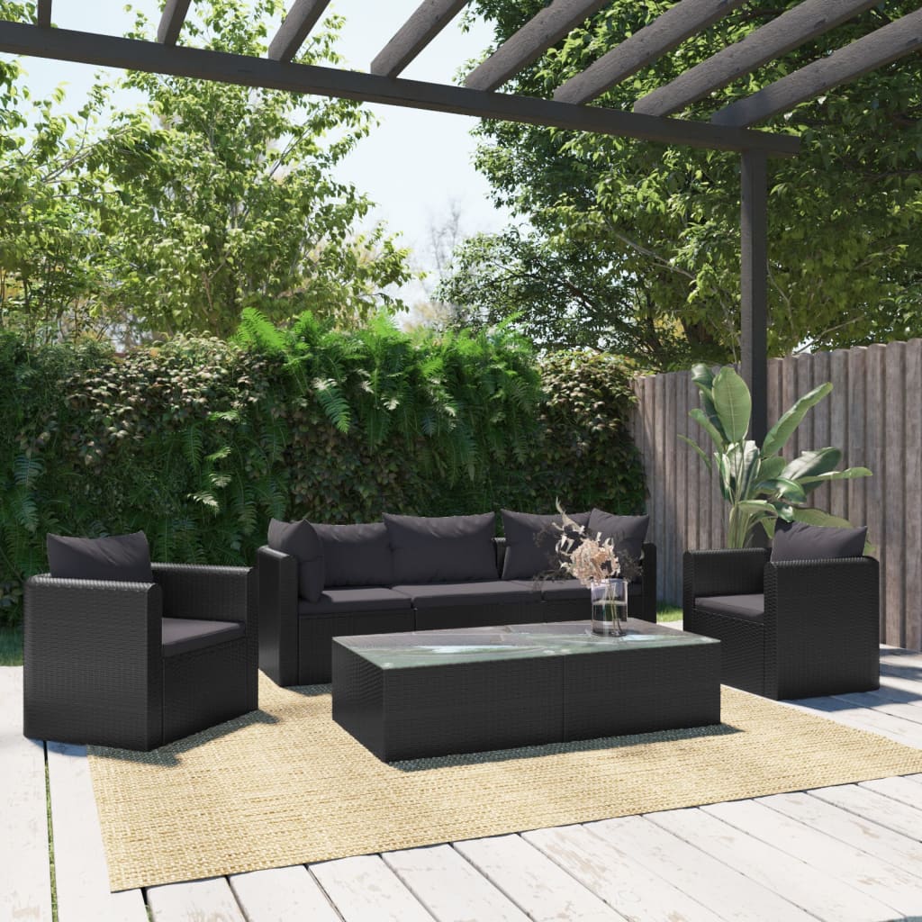 9-delige Loungeset met kussens poly rattan zwart