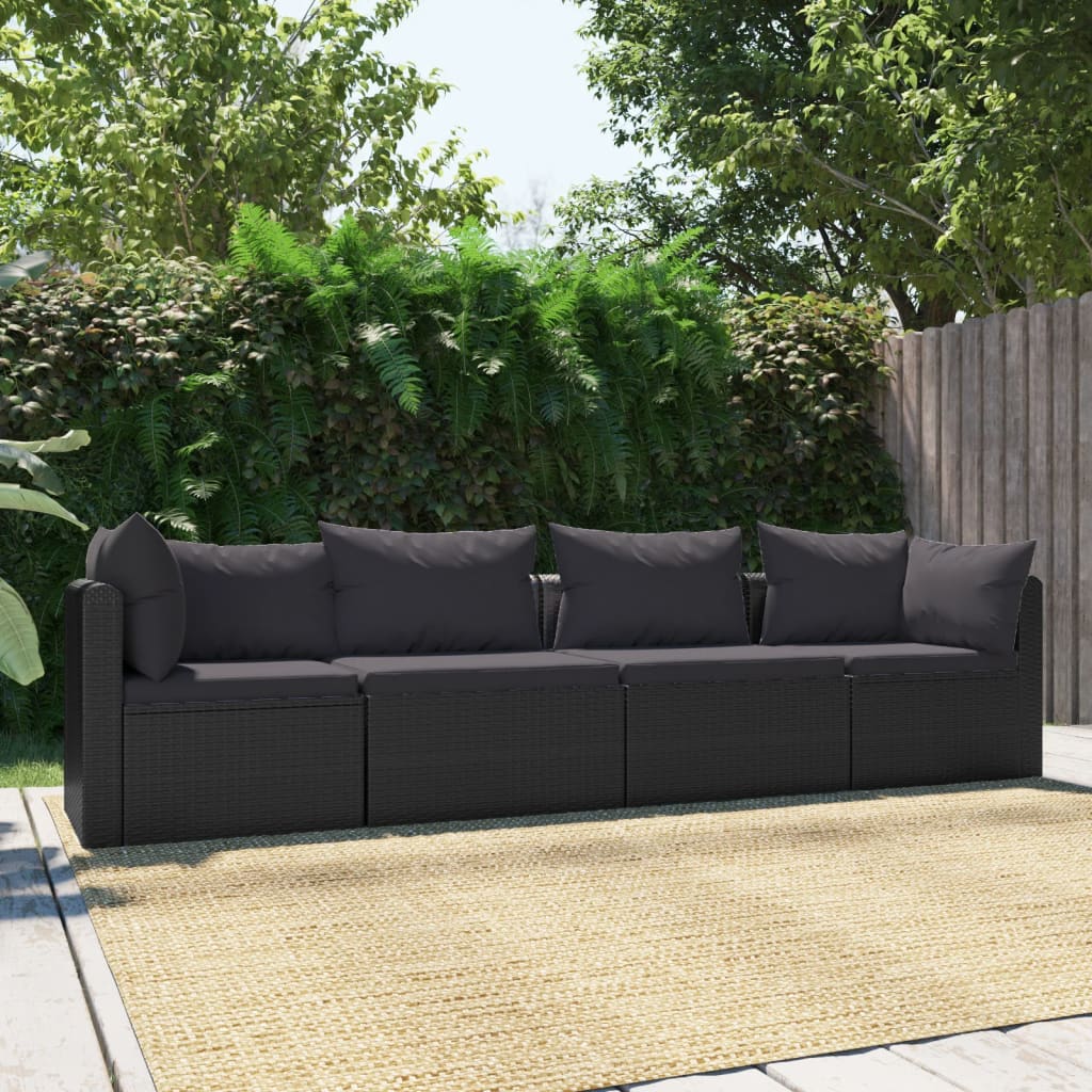 9-delige Loungeset met kussens poly rattan zwart