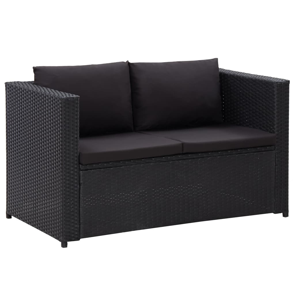 3-delige Loungeset met kussens poly rattan zwart