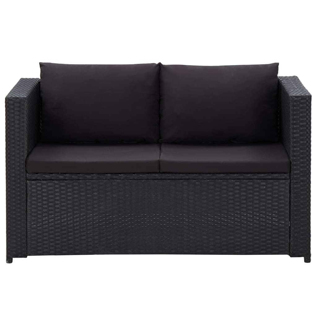 3-delige Loungeset met kussens poly rattan zwart