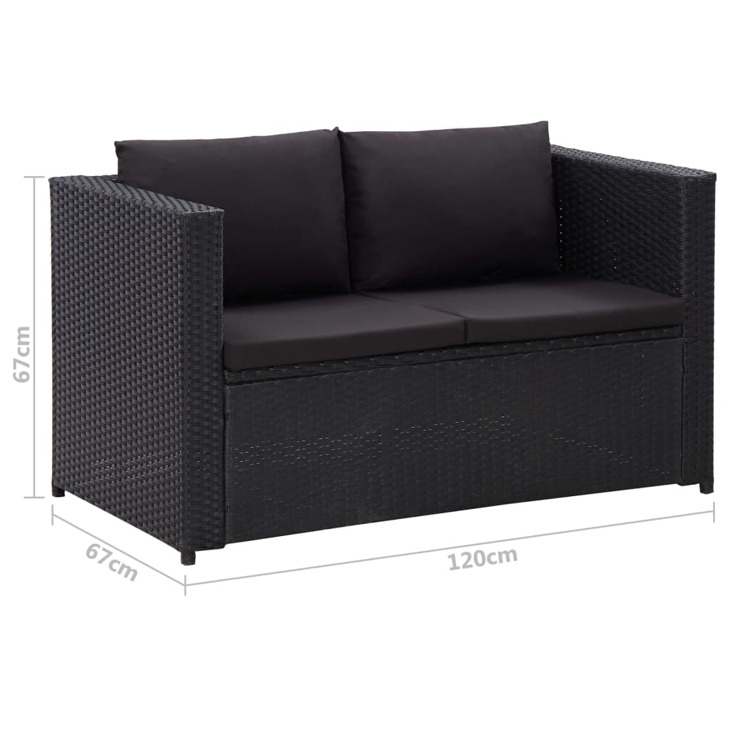 3-delige Loungeset met kussens poly rattan zwart