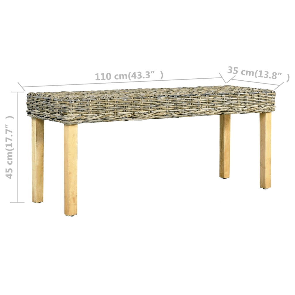 Banc 110 cm cube naturel en rotin et bois de manguier massif