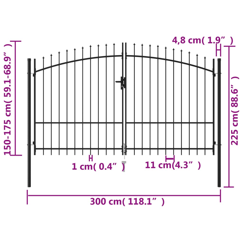 Poort met puntige bovenkant dubbel 3x1,75 m staal zwart