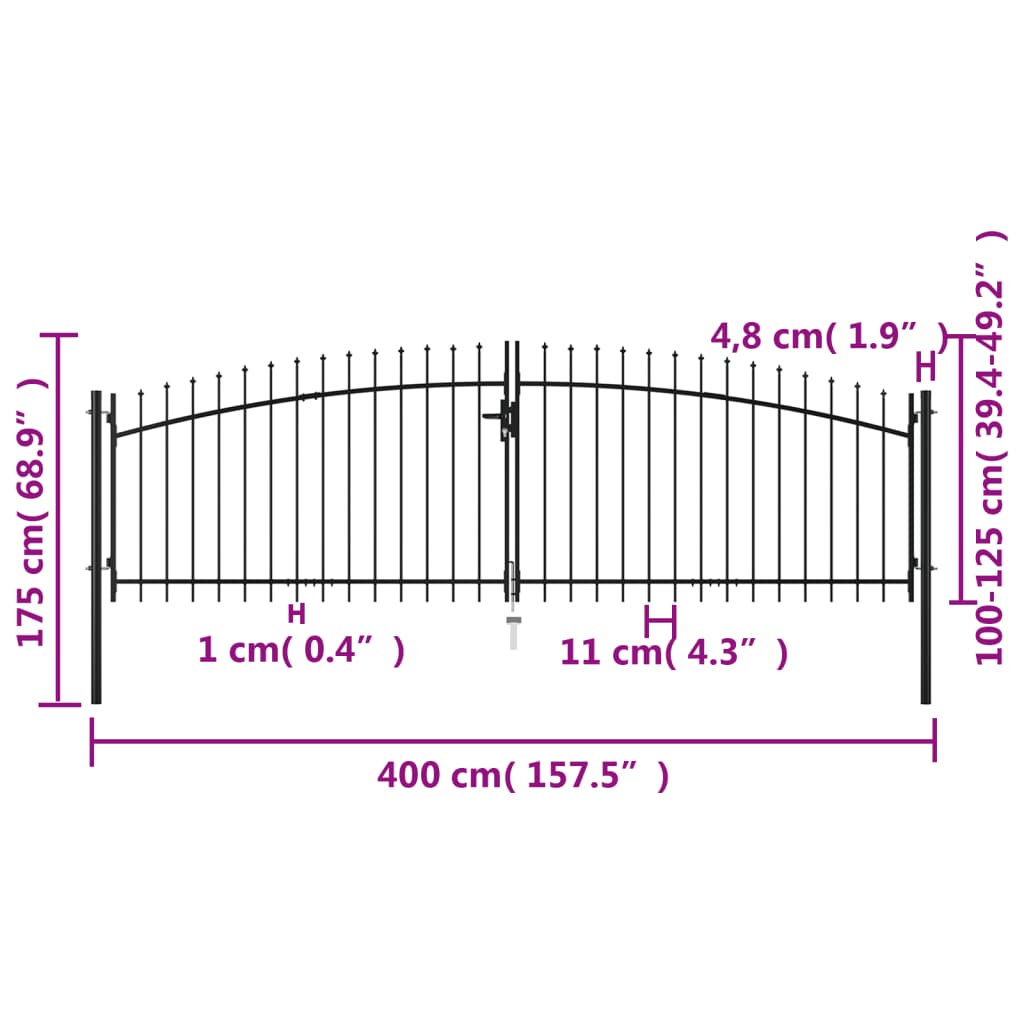 Hekpoort dubbele deur met speren bovenkant 400x175 cm