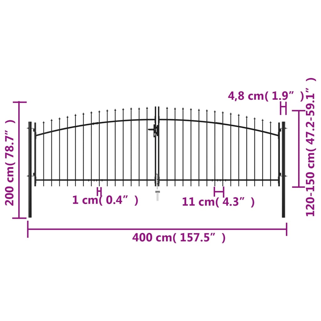 Portail de clôture double porte avec dessus de lances 400x200 cm