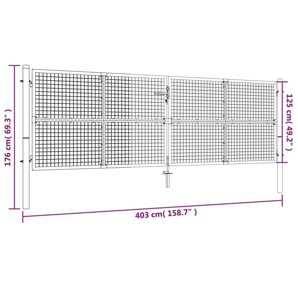 Portail grillagé 400x125 cm acier galvanisé gris