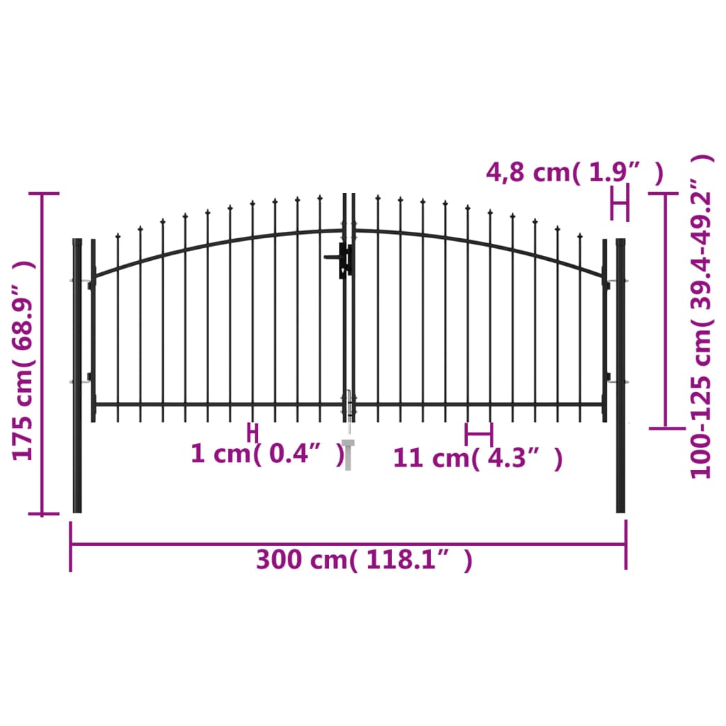 Poort met puntige bovenkant dubbel 3x1,75 m staal zwart