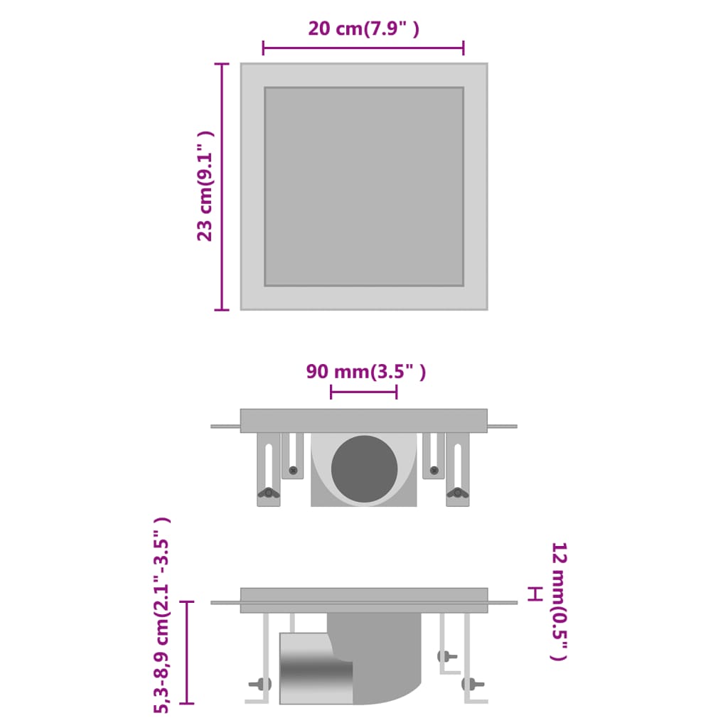 Caniveau de douche avec couvercles 2 en 1 23x23 cm en acier inoxydable