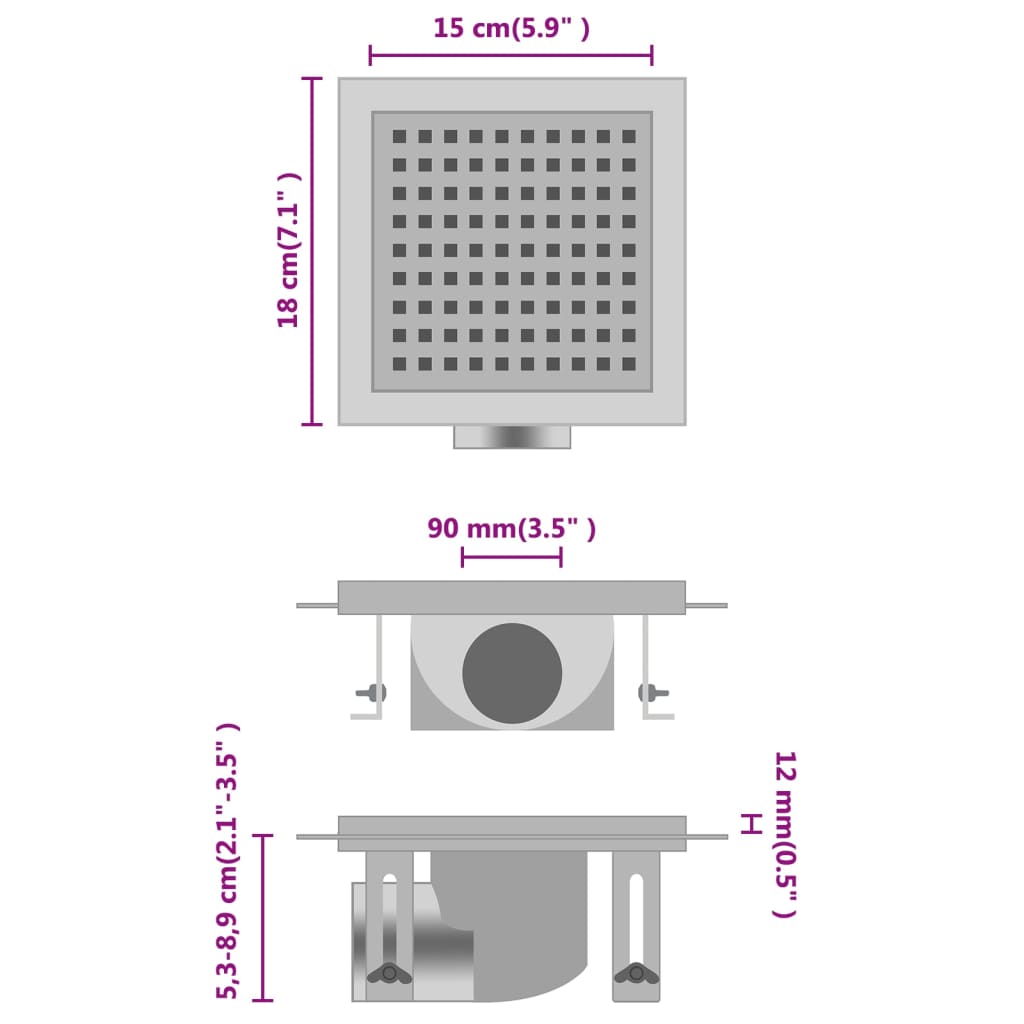 Caniveau de douche avec couvercles 2 en 1 23x23 cm en acier inoxydable