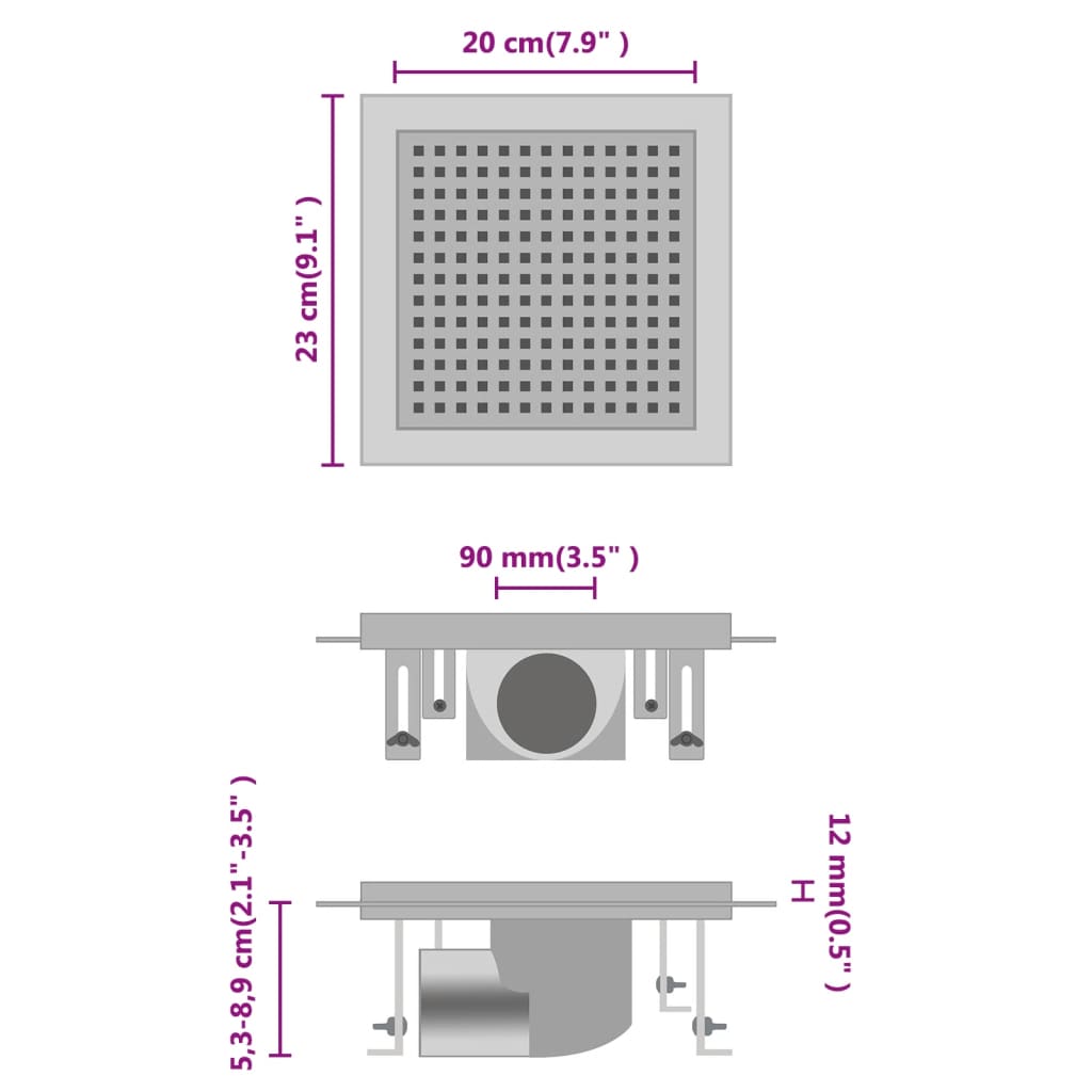 Bonde de douche 23x23 cm en acier inoxydable