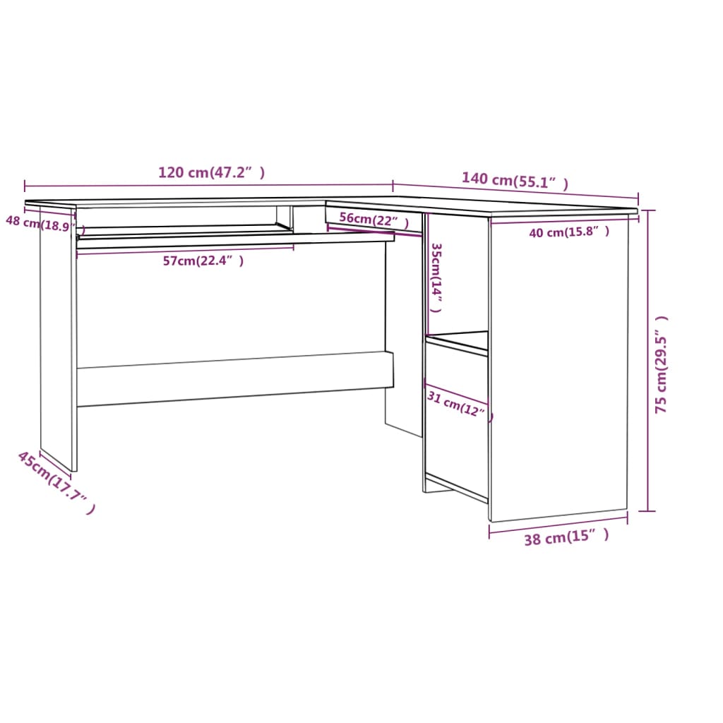 Bureau d'angle 120x140x75 cm en dérivé du bois coloris chêne