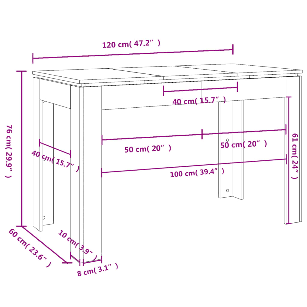 Table à manger 120x60x76 cm en bois travaillé