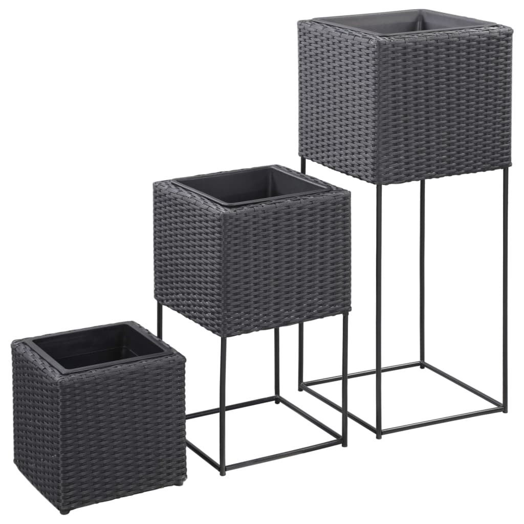 Jardinières surélevées 3 pcs poly rotin noir