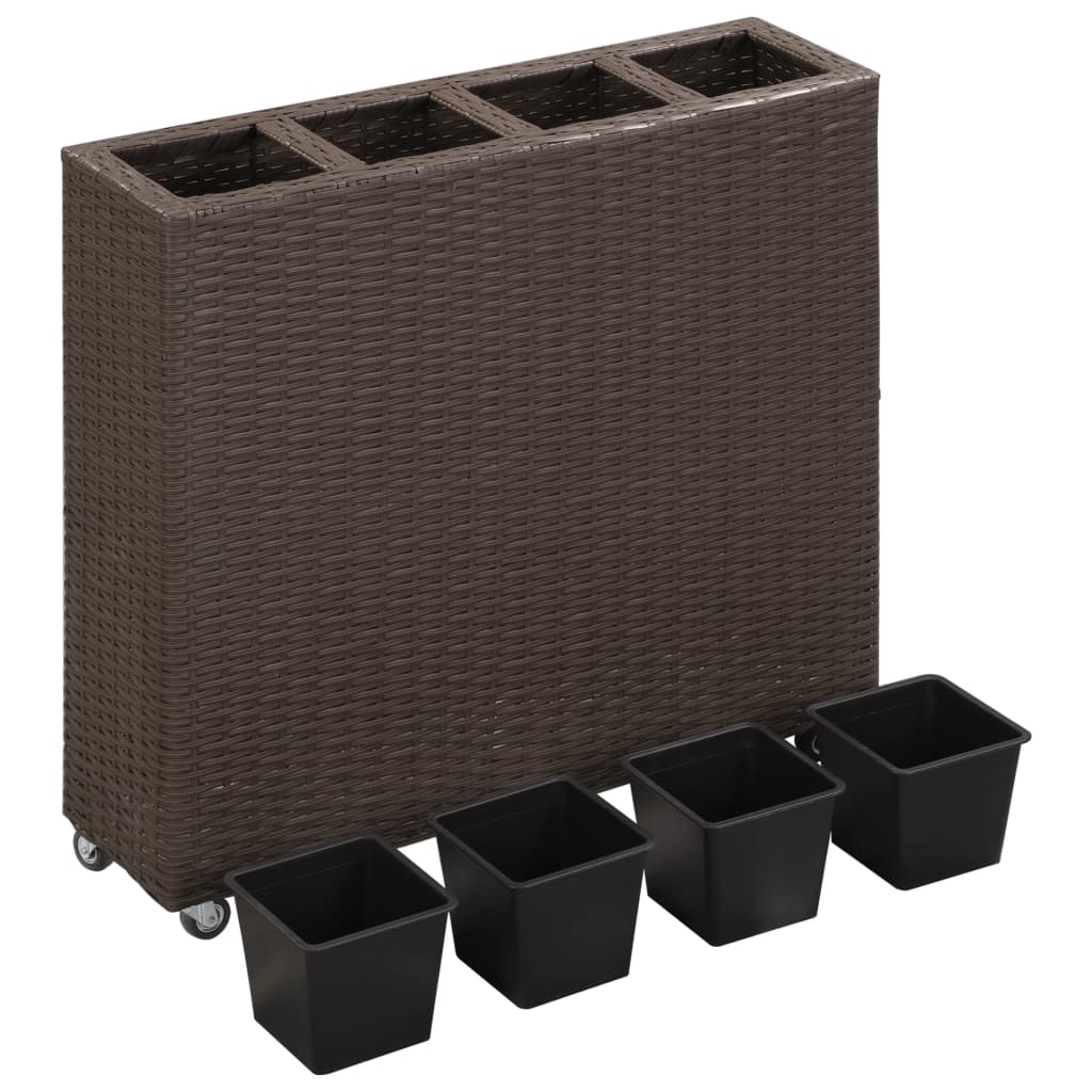 Plantenbak verhoogd met 4 potten 80x22x79 cm poly rattan bruin