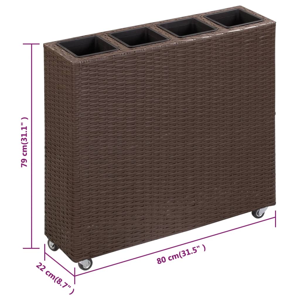 Plantenbak verhoogd met 4 potten 80x22x79 cm poly rattan bruin