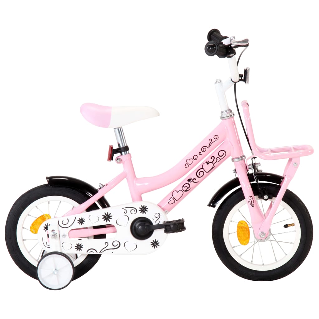 Kinderfiets met voordrager 14 inch wit en roze