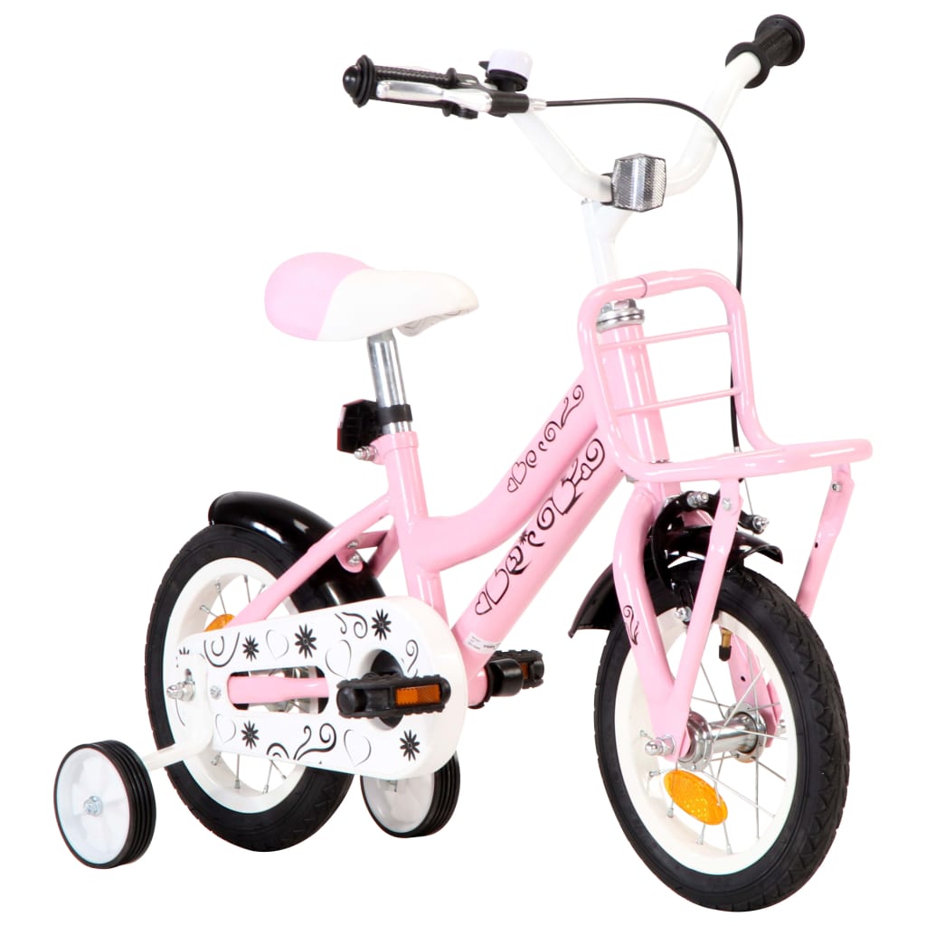 Kinderfiets met voordrager 14 inch wit en roze