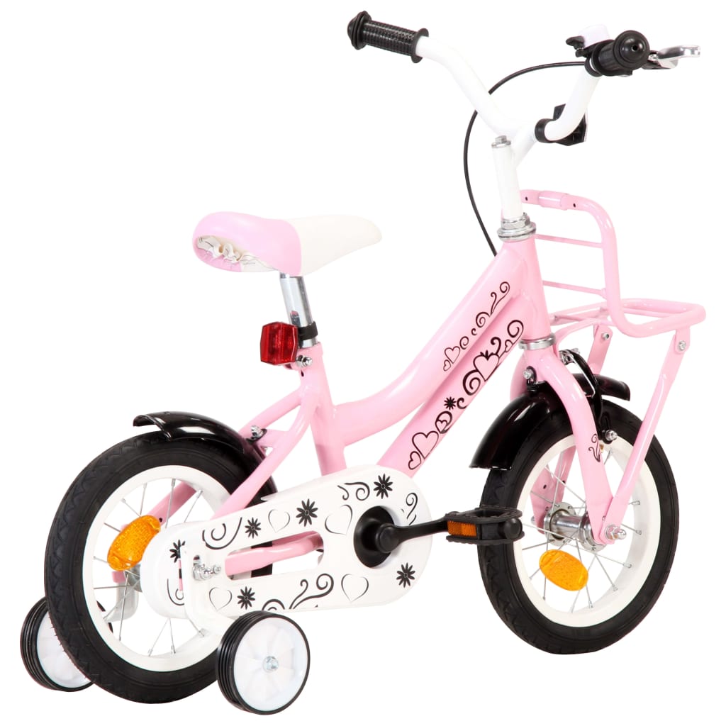 Kinderfiets met voordrager 14 inch wit en roze