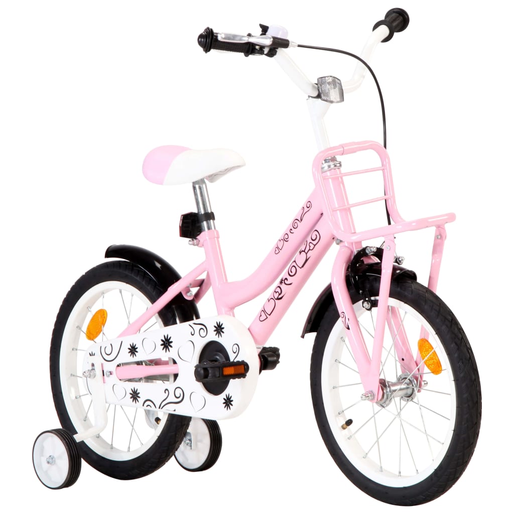 Kinderfiets met voordrager 14 inch wit en roze