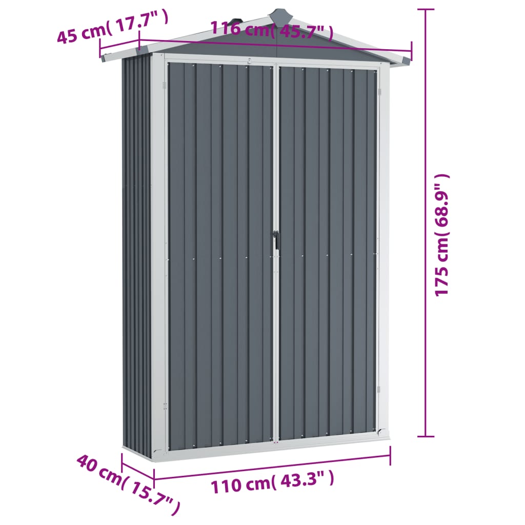 Tuinschuur 116x45x175 cm gegalvaniseerd staal grijs