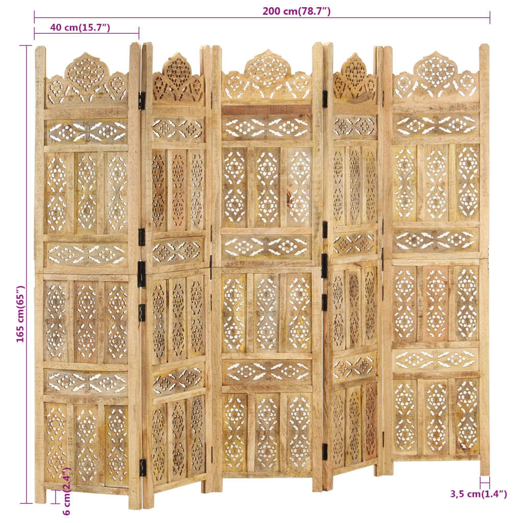 Paravent 3 panneaux sculptés main 120x165 cm bois de manguier marron