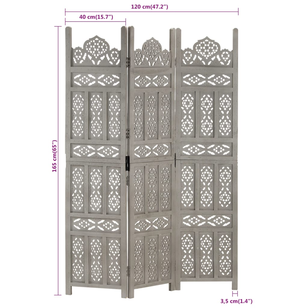 Paravent 3 panneaux sculptés main 120x165 cm bois de manguier marron