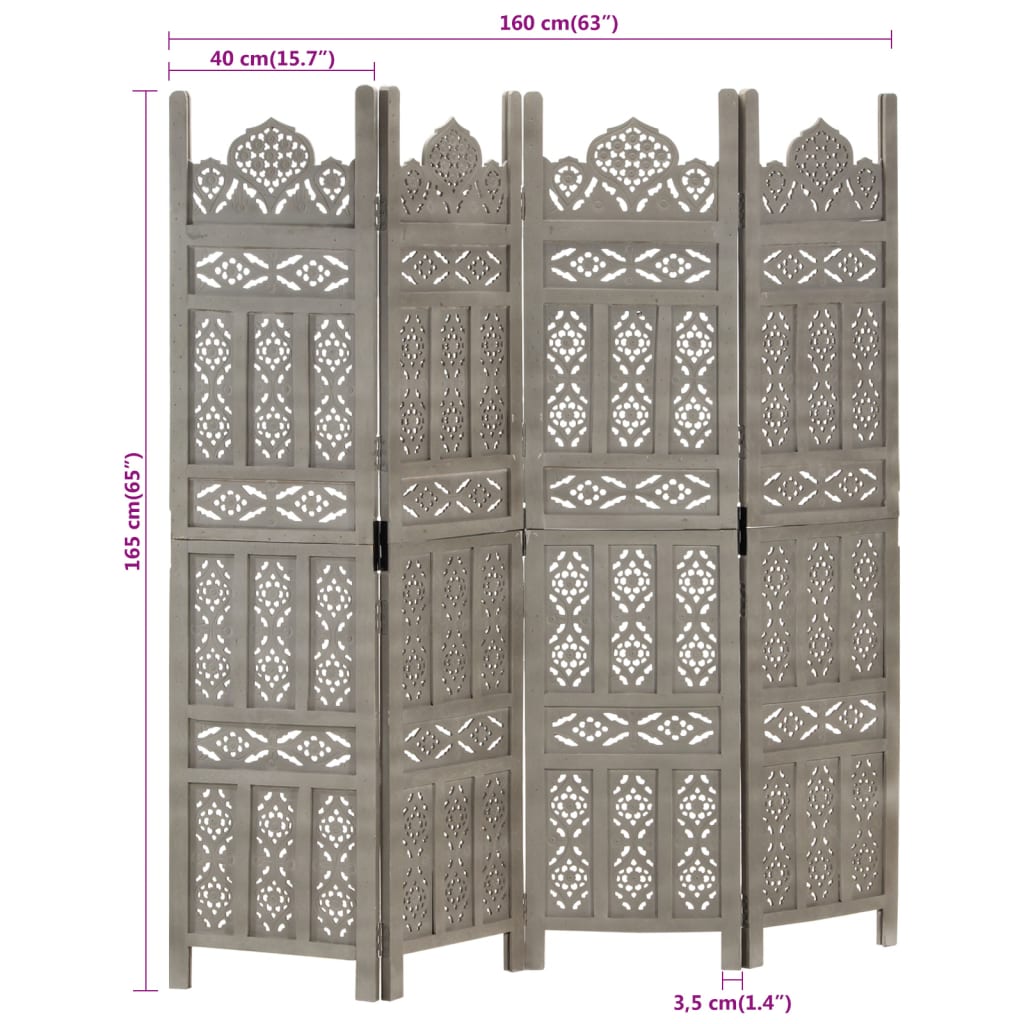 Paravent 3 panneaux sculptés main 120x165 cm bois de manguier marron