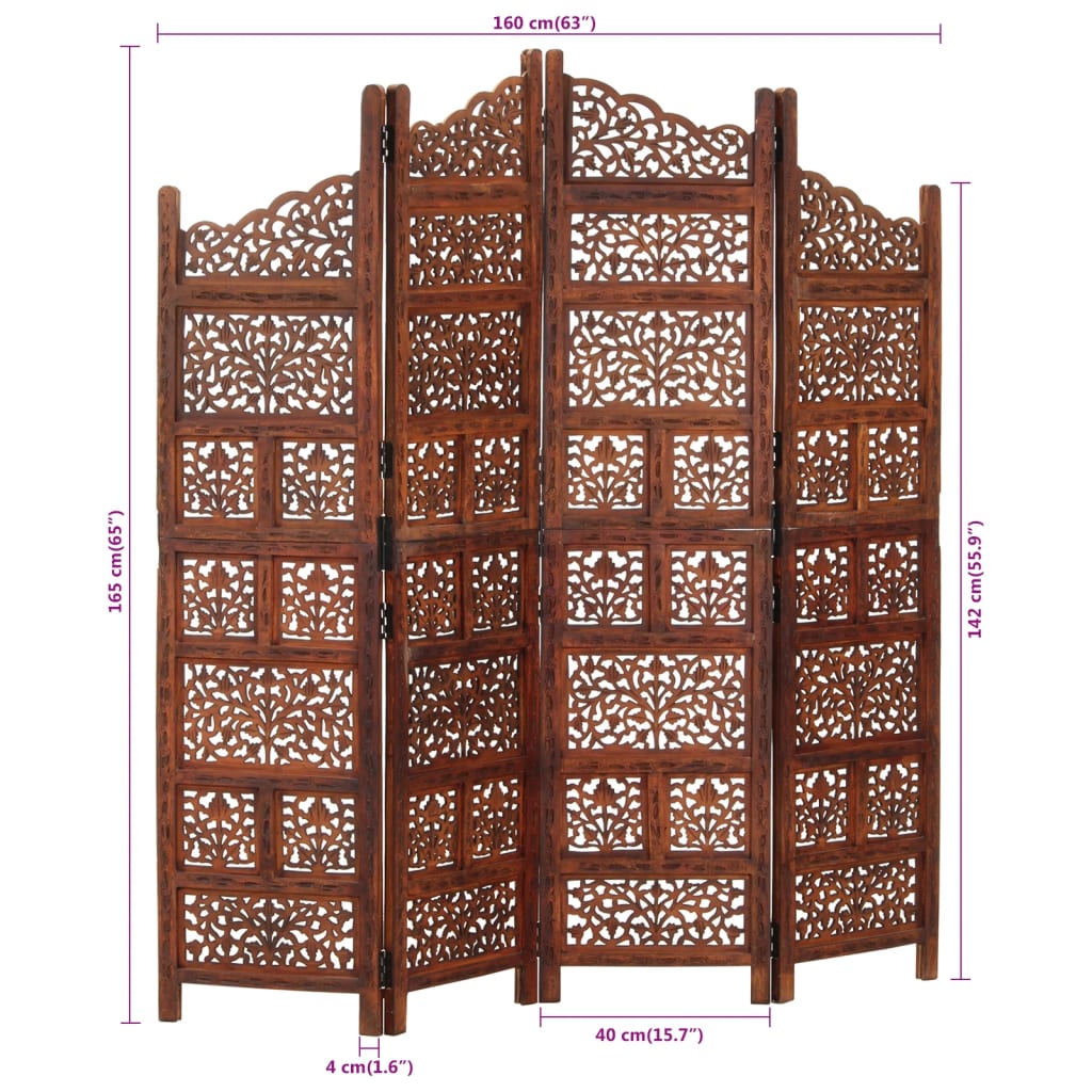 Kamerscherm met 4 panelen handgesneden 160x165 cm mangohout