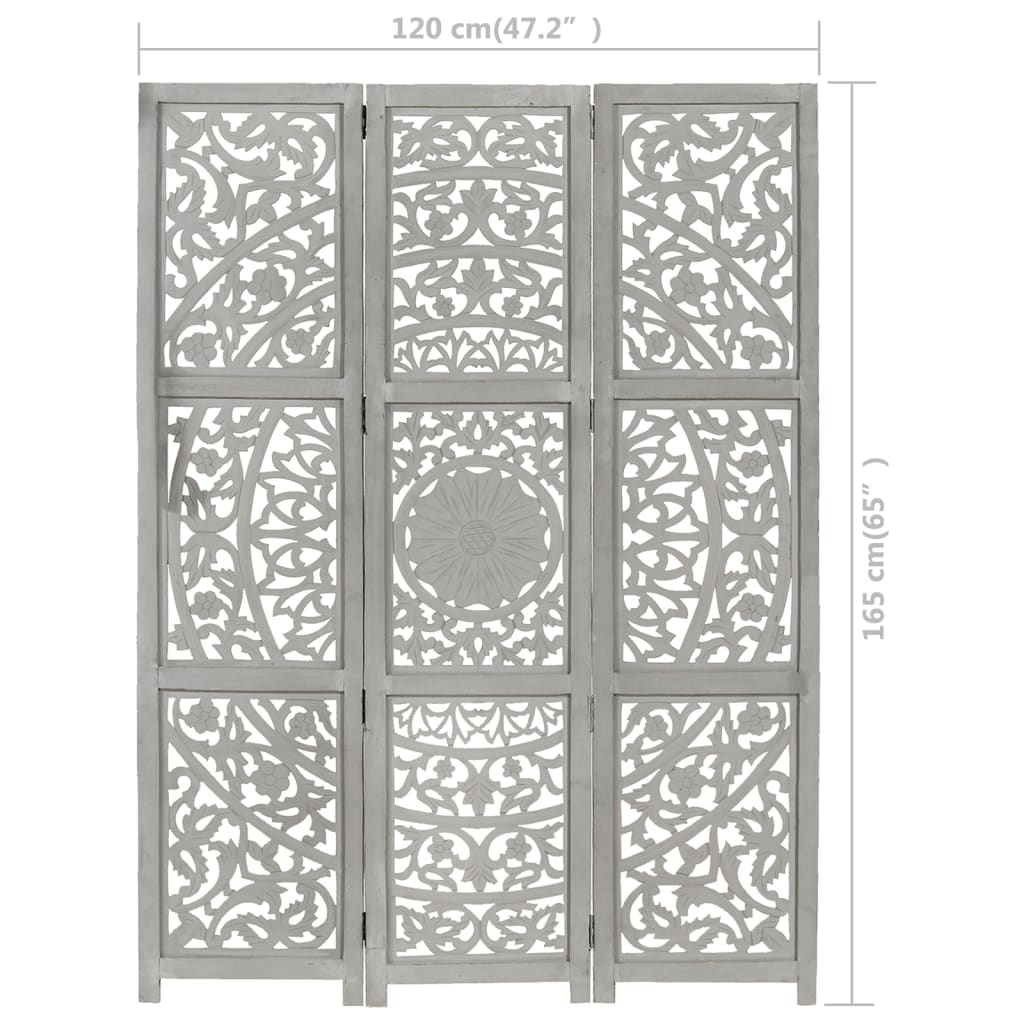 Kamerscherm 3 panelen handgesneden 120x165 cm mangohout grijs