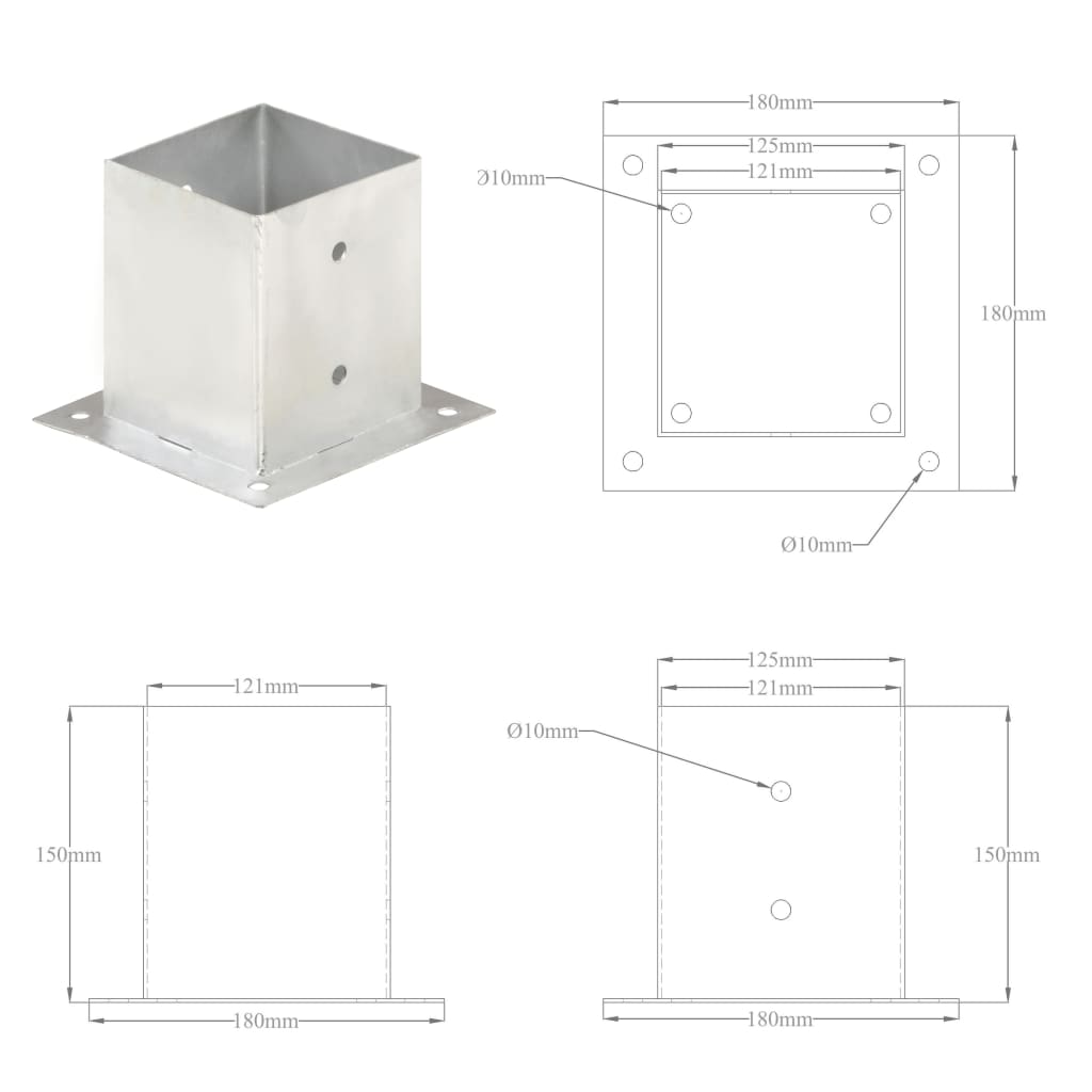 Ancrages de poteau 4 pcs 121 mm en métal galvanisé