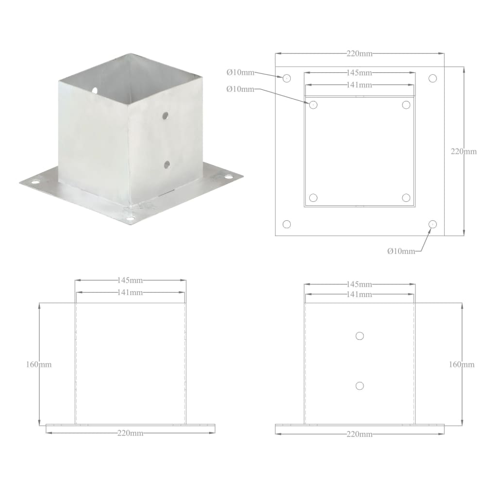 Ancrages de poteau 4 pcs 121 mm en métal galvanisé