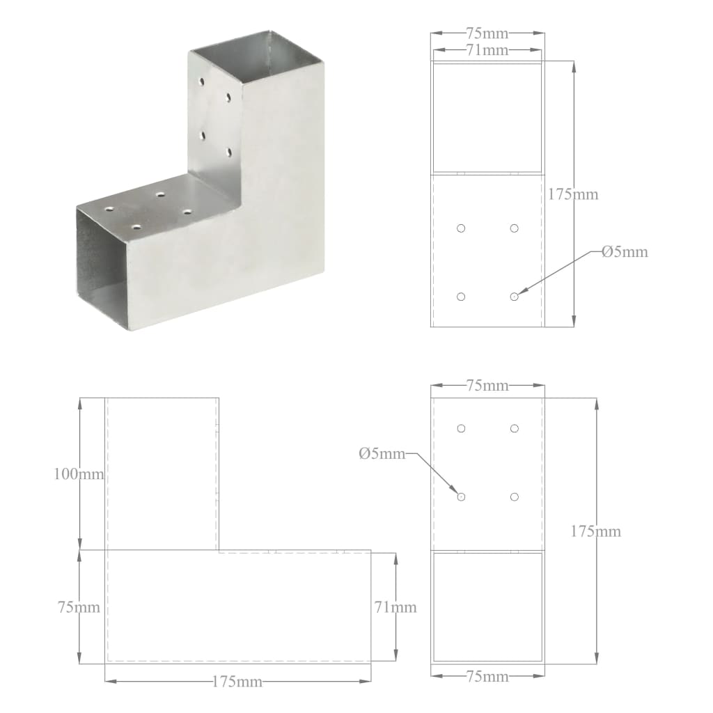 Connexions de poteaux 4 pcs en forme de T 71x71 mm en métal galvanisé