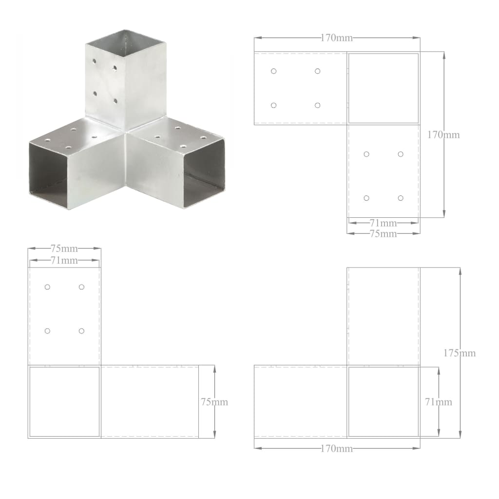 Connexions de poteaux 4 pcs en forme de T 71x71 mm en métal galvanisé