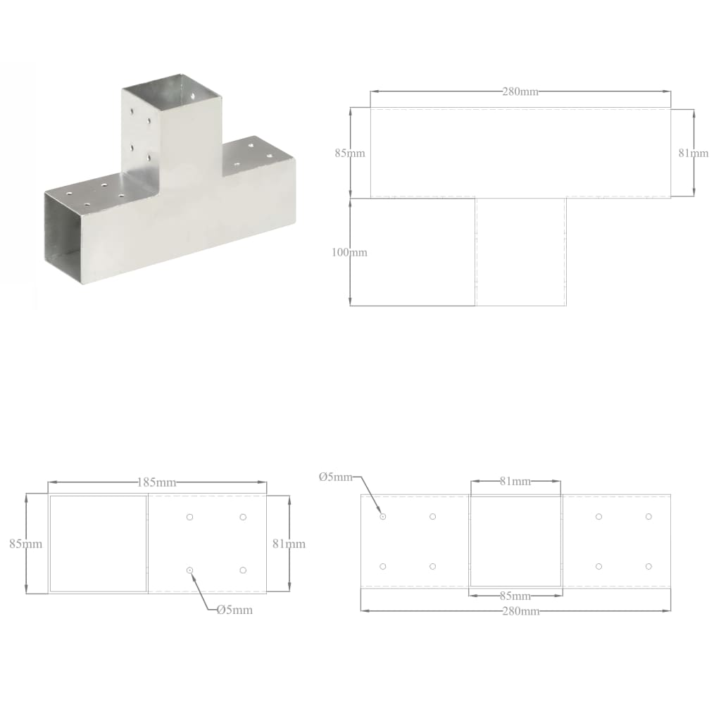 Connexions de poteaux 4 pcs en forme de T 71x71 mm en métal galvanisé