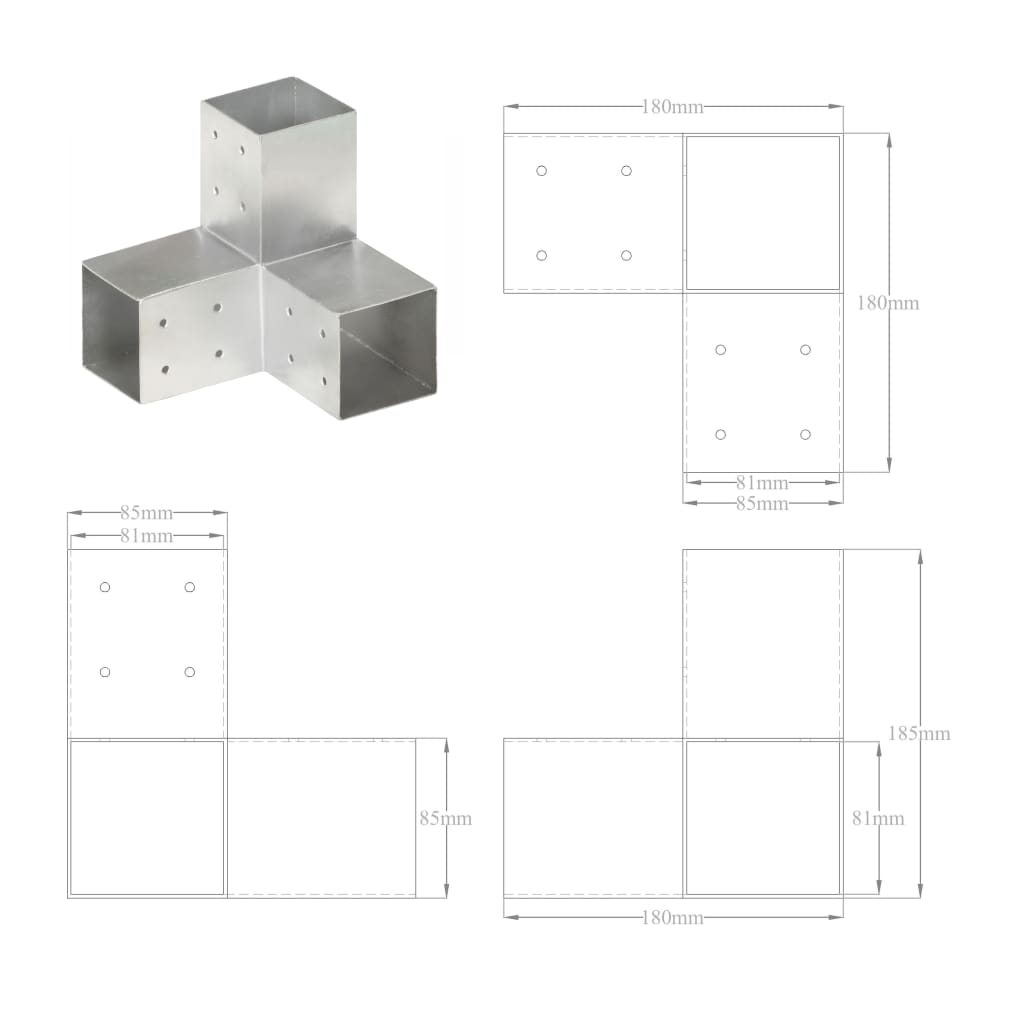 Paalverbindingen 4 st T-vorm 71x71 mm gegalvaniseerd metaal