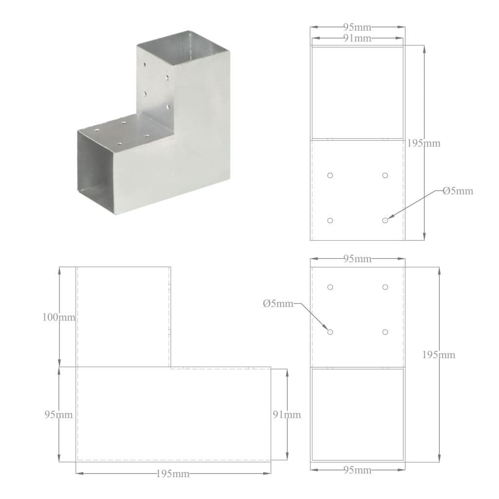 Connexions de poteaux 4 pcs en forme de T 71x71 mm en métal galvanisé