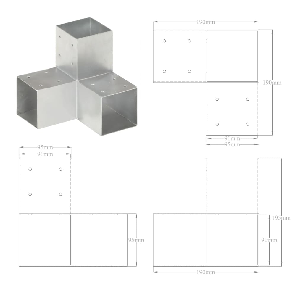 Paalverbindingen 4 st T-vorm 71x71 mm gegalvaniseerd metaal