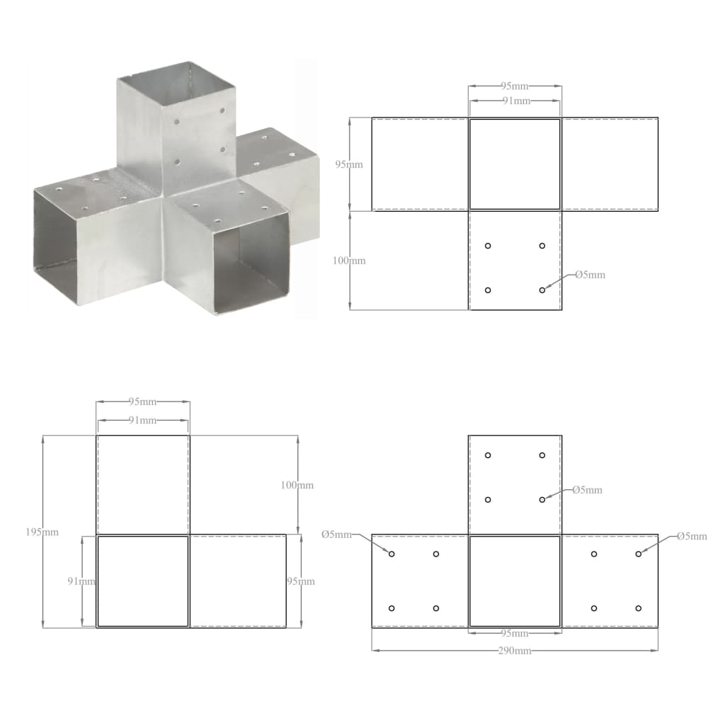 Connexions de poteaux 4 pcs en forme de T 71x71 mm en métal galvanisé