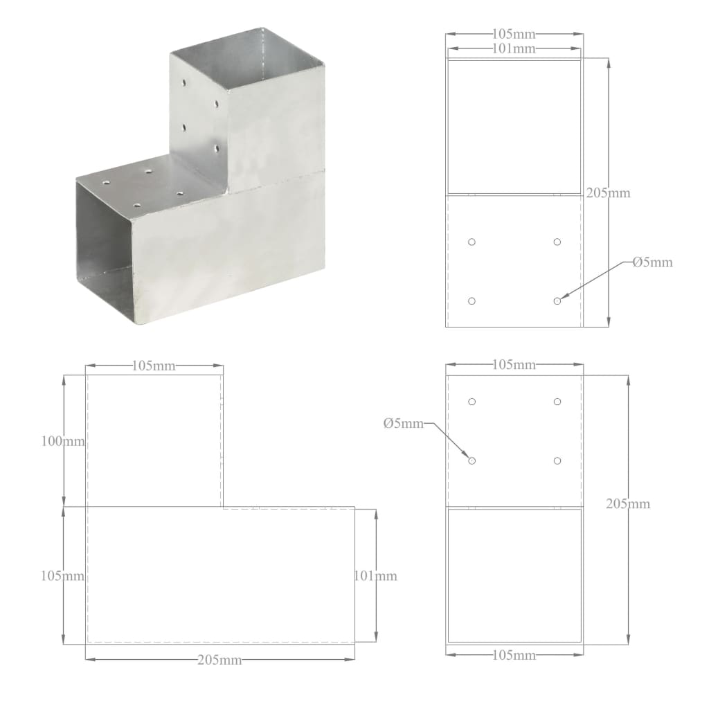 Connexions de poteaux 4 pcs en forme de T 71x71 mm en métal galvanisé