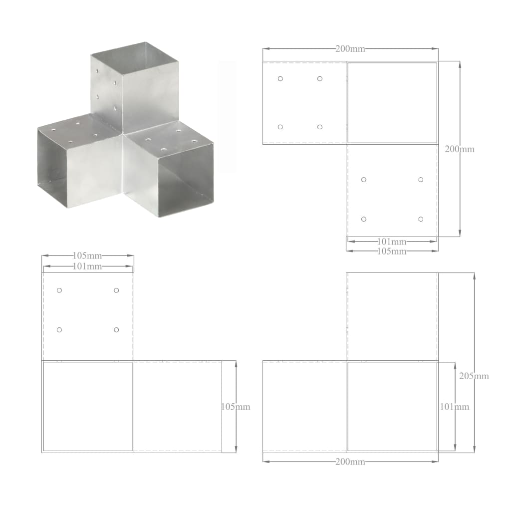 Connexions de poteaux 4 pcs en forme de T 71x71 mm en métal galvanisé